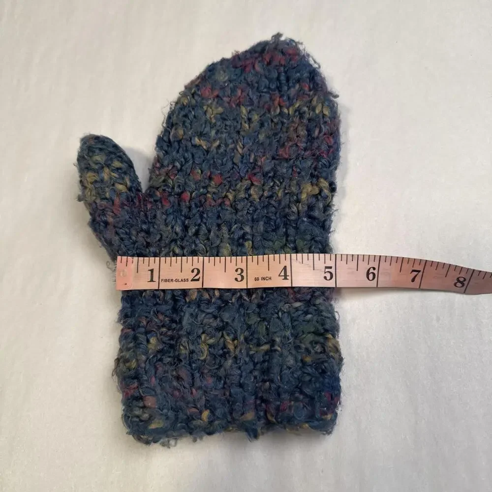 Vintage Hand-Knit Chunky‎ Bouclé Mittens - Blue/Multi Earth Tones